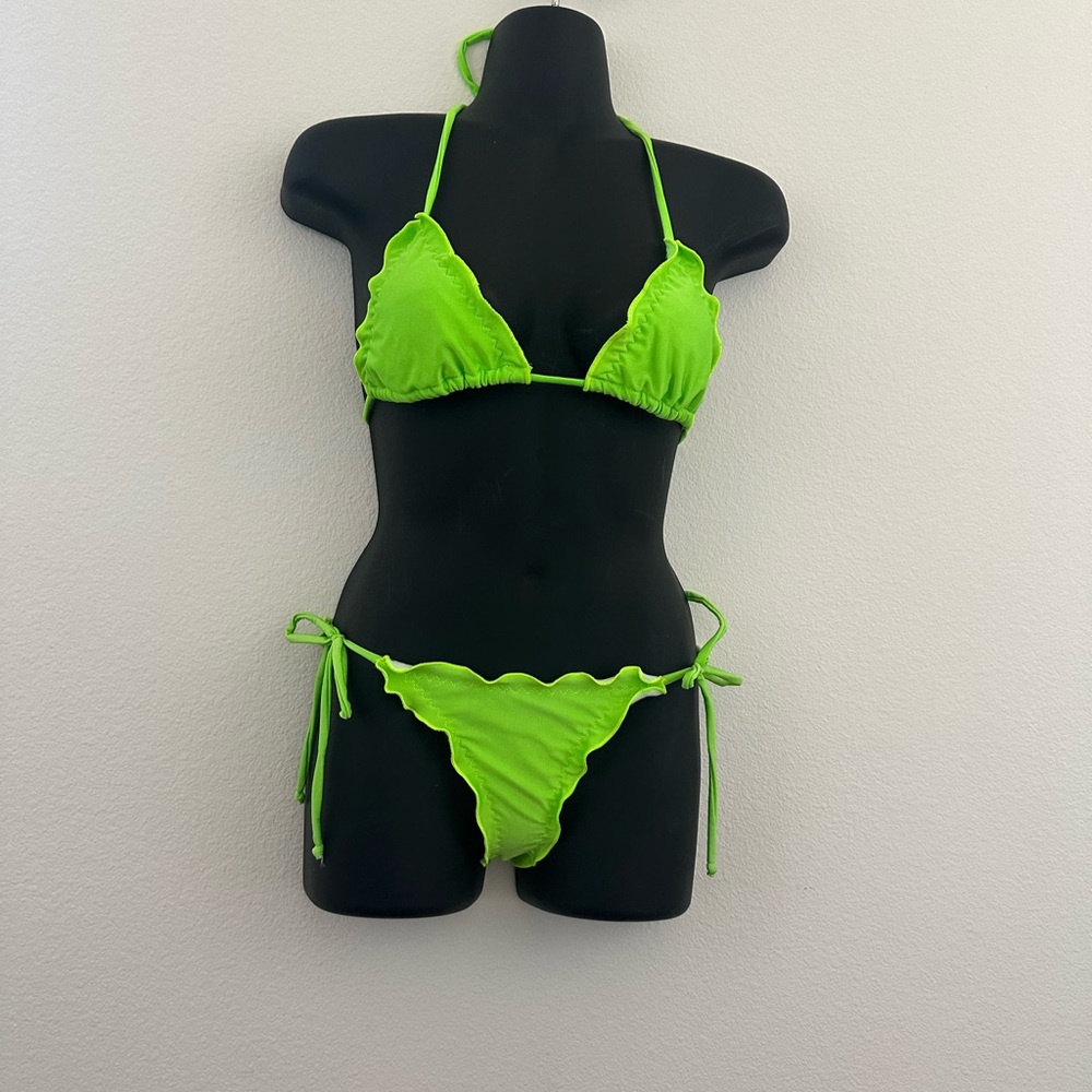 Neon green ruffle lettuce hem scrunch butt bikini custom